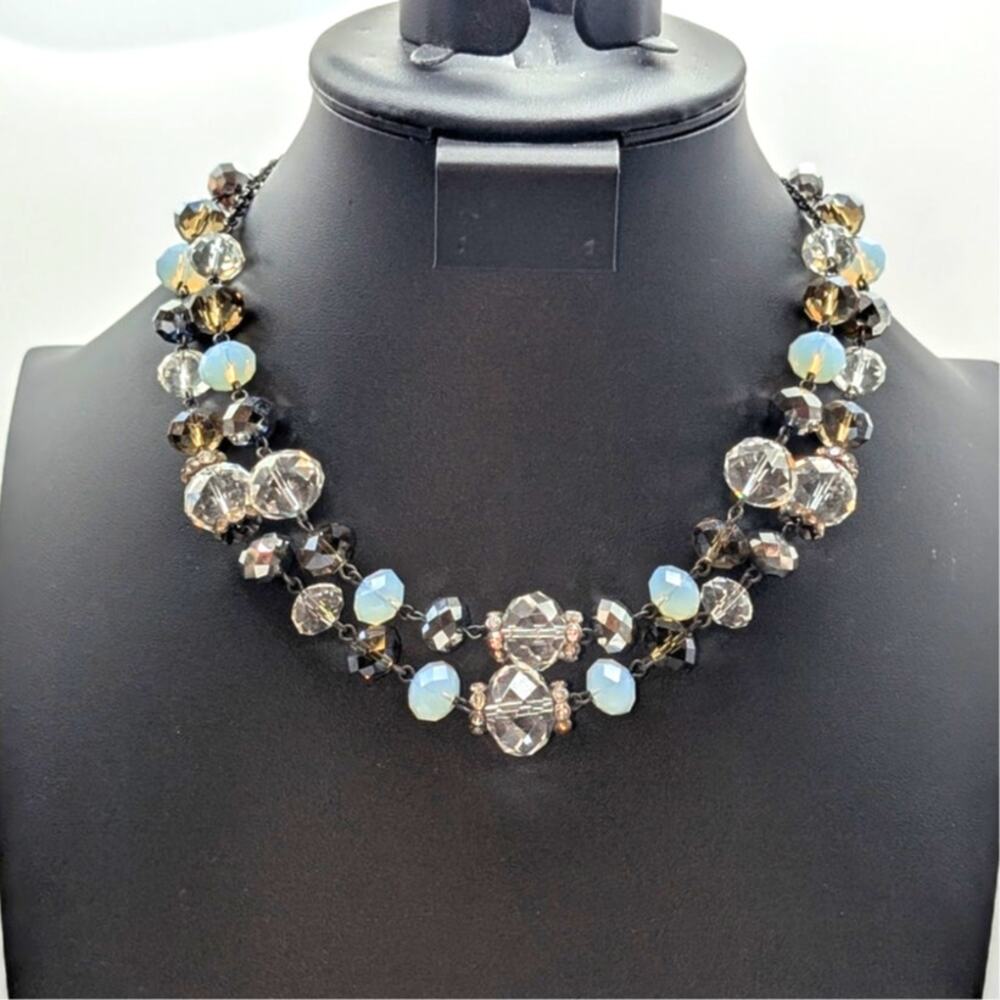 Crown Trifari Double Strand Crystal Beaded Gun Metal 16"-18" Necklace